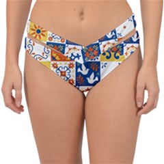 Mexican Talavera Pattern Ceramic Tiles With Flower Leaves Bird Ornaments Traditional Majolica Style Double Strap Halter Bikini Bottoms by Ket1n9