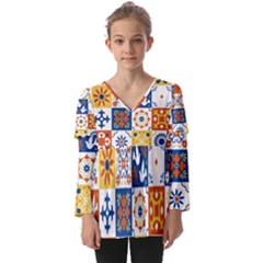 Mexican Talavera Pattern Ceramic Tiles With Flower Leaves Bird Ornaments Traditional Majolica Style Kids  V Neck Casual Top by Ket1n9