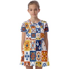 Mexican Talavera Pattern Ceramic Tiles With Flower Leaves Bird Ornaments Traditional Majolica Style Kids  Short Sleeve Pinafore Style Dress by Ket1n9