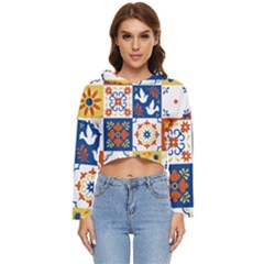 Mexican Talavera Pattern Ceramic Tiles With Flower Leaves Bird Ornaments Traditional Majolica Style Women s Lightweight Cropped Hoodie by Ket1n9