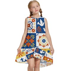 Mexican Talavera Pattern Ceramic Tiles With Flower Leaves Bird Ornaments Traditional Majolica Style Kids  Frill Swing Dress by Ket1n9