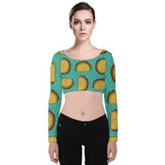 Taco Drawing Background Mexican Fast Food Pattern Velvet Long Sleeve Crop Top by Ket1n9