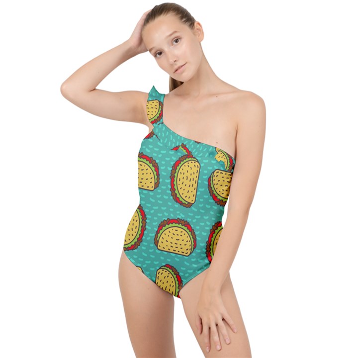 Taco Drawing Background Mexican Fast Food Pattern Frilly One Shoulder Swimsuit