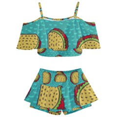 Taco Drawing Background Mexican Fast Food Pattern Kids  Off Shoulder Skirt Bikini by Ket1n9