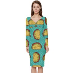 Taco Drawing Background Mexican Fast Food Pattern Long Sleeve V-neck Bodycon Dress  by Ket1n9