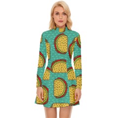 Taco Drawing Background Mexican Fast Food Pattern Long Sleeve Velour Longline Dress by Ket1n9