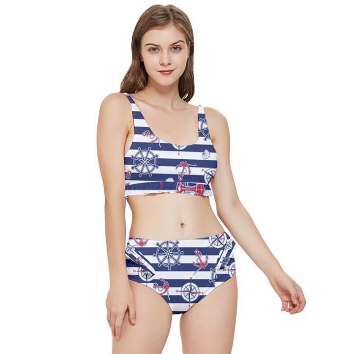 Seamless Marine Pattern Frilly Bikini Set