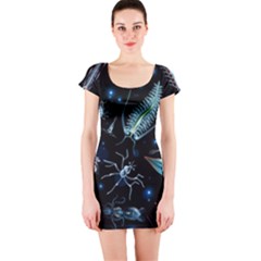 Colorful Abstract Pattern Consisting Glowing Lights Luminescent Images Marine Plankton Dark Backgrou Short Sleeve Bodycon Dress by Ket1n9