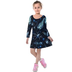 Colorful Abstract Pattern Consisting Glowing Lights Luminescent Images Marine Plankton Dark Backgrou Kids  Long Sleeve Velvet Dress by Ket1n9