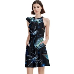 Colorful Abstract Pattern Consisting Glowing Lights Luminescent Images Marine Plankton Dark Backgrou Cocktail Party Halter Sleeveless Dress With Pockets by Ket1n9