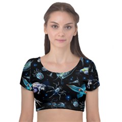 Colorful Abstract Pattern Consisting Glowing Lights Luminescent Images Marine Plankton Dark Backgrou Velvet Short Sleeve Crop Top  by Ket1n9