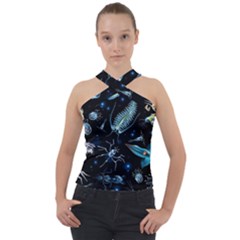 Colorful Abstract Pattern Consisting Glowing Lights Luminescent Images Marine Plankton Dark Backgrou Cross Neck Velour Top by Ket1n9