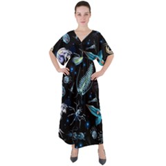 Colorful Abstract Pattern Consisting Glowing Lights Luminescent Images Marine Plankton Dark Backgrou V-neck Boho Style Maxi Dress by Ket1n9