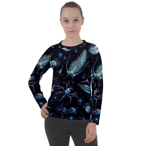 Colorful Abstract Pattern Consisting Glowing Lights Luminescent Images Marine Plankton Dark Backgrou Women s Long Sleeve Raglan T-shirt by Ket1n9