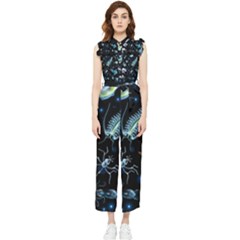 Colorful Abstract Pattern Consisting Glowing Lights Luminescent Images Marine Plankton Dark Backgrou Women s Frill Top Chiffon Jumpsuit by Ket1n9