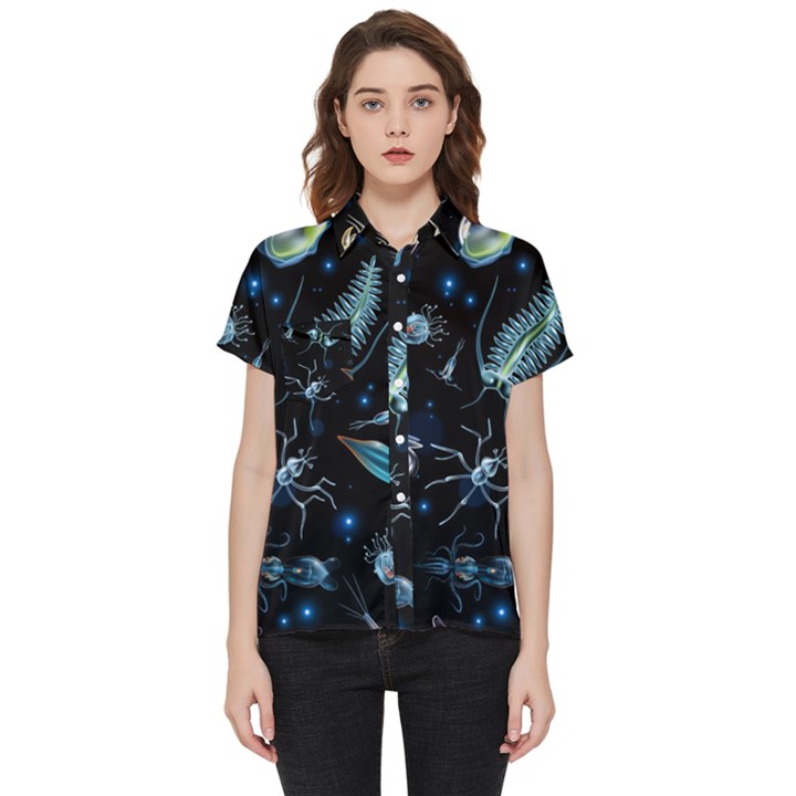 Colorful Abstract Pattern Consisting Glowing Lights Luminescent Images Marine Plankton Dark Backgrou Short Sleeve Pocket Shirt