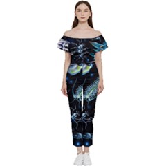 Colorful Abstract Pattern Consisting Glowing Lights Luminescent Images Marine Plankton Dark Backgrou Bardot Ruffle Jumpsuit by Ket1n9