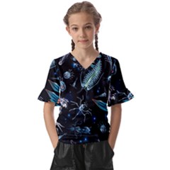 Colorful Abstract Pattern Consisting Glowing Lights Luminescent Images Marine Plankton Dark Backgrou Kids  V-neck Horn Sleeve Blouse by Ket1n9