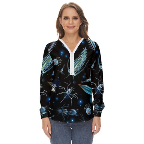 Colorful Abstract Pattern Consisting Glowing Lights Luminescent Images Marine Plankton Dark Backgrou Zip Up Long Sleeve Blouse by Ket1n9