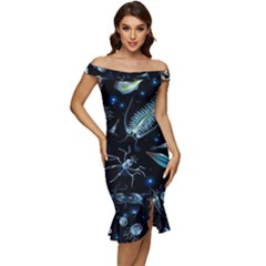 Colorful Abstract Pattern Consisting Glowing Lights Luminescent Images Marine Plankton Dark Backgrou Off Shoulder Ruffle Split Hem Bodycon Dress by Ket1n9