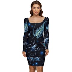 Colorful Abstract Pattern Consisting Glowing Lights Luminescent Images Marine Plankton Dark Backgrou Women Long Sleeve Ruched Stretch Jersey Dress by Ket1n9