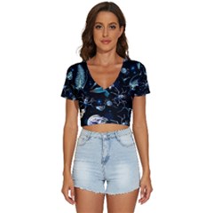 Colorful Abstract Pattern Consisting Glowing Lights Luminescent Images Marine Plankton Dark Backgrou V-neck Crop Top by Ket1n9