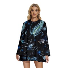 Colorful Abstract Pattern Consisting Glowing Lights Luminescent Images Marine Plankton Dark Backgrou Round Neck Long Sleeve Bohemian Style Chiffon Mini Dress by Ket1n9