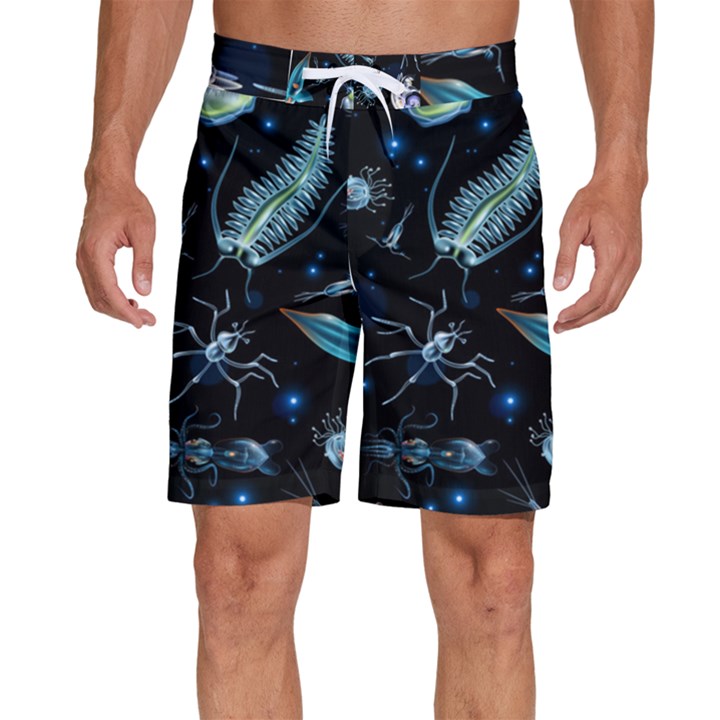 Colorful Abstract Pattern Consisting Glowing Lights Luminescent Images Marine Plankton Dark Backgrou Men s Beach Shorts