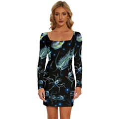 Colorful Abstract Pattern Consisting Glowing Lights Luminescent Images Marine Plankton Dark Backgrou Long Sleeve Square Neck Bodycon Velvet Dress by Ket1n9