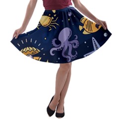 Marine Seamless Pattern Thin Line Memphis Style A-line Skater Skirt by Ket1n9