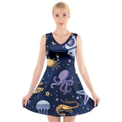 Marine Seamless Pattern Thin Line Memphis Style V-neck Sleeveless Dress by Ket1n9