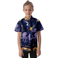 Marine Seamless Pattern Thin Line Memphis Style Kids  Short Sleeve Shirt by Ket1n9