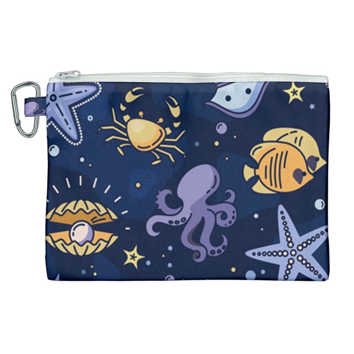 Marine Seamless Pattern Thin Line Memphis Style Canvas Cosmetic Bag (XL)