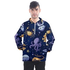 Marine Seamless Pattern Thin Line Memphis Style Men s Half Zip Pullover by Ket1n9