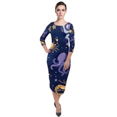 Marine Seamless Pattern Thin Line Memphis Style Quarter Sleeve Midi Velour Bodycon Dress by Ket1n9