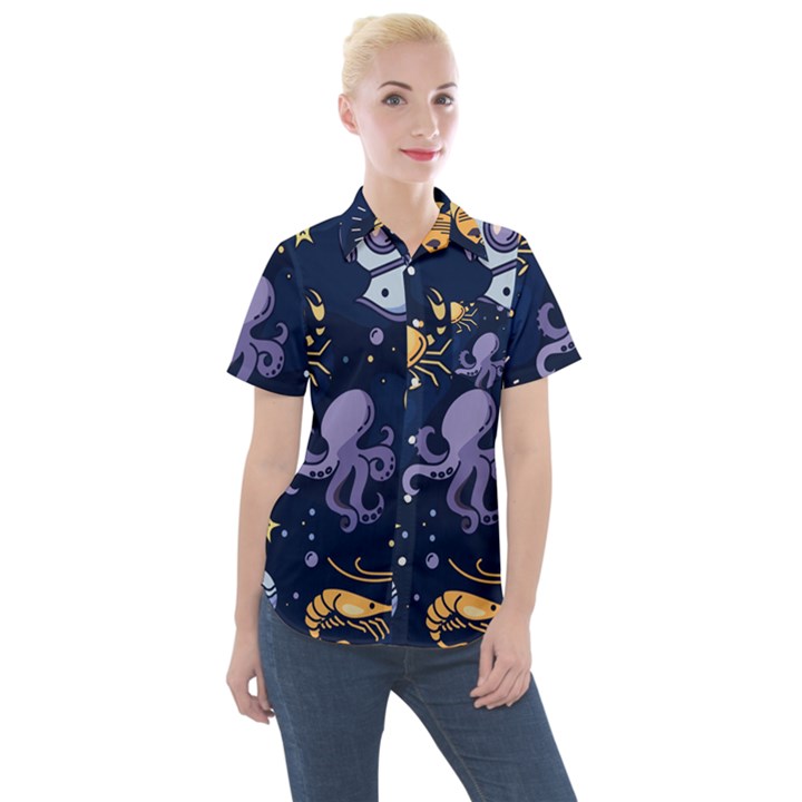 Marine Seamless Pattern Thin Line Memphis Style Women s Short Sleeve Pocket Shirt