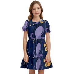 Marine Seamless Pattern Thin Line Memphis Style Kids  Puff Sleeved Dress by Ket1n9