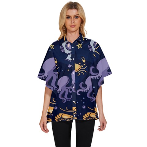 Marine Seamless Pattern Thin Line Memphis Style Women s Batwing Button Up Shirt by Ket1n9