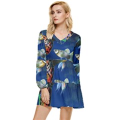 Marine Fishes Tiered Long Sleeve Mini Dress by Ket1n9