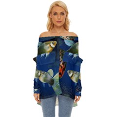 Marine Fishes Off Shoulder Chiffon Pocket Shirt by Ket1n9