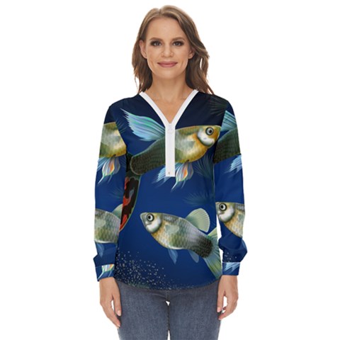 Marine Fishes Zip Up Long Sleeve Blouse by Ket1n9