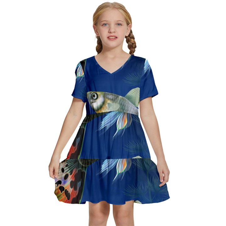 Marine Fishes Kids  Short Sleeve Tiered Mini Dress