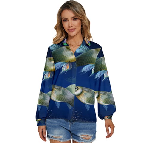 Marine Fishes Women s Long Sleeve Button Up Shirt by Ket1n9