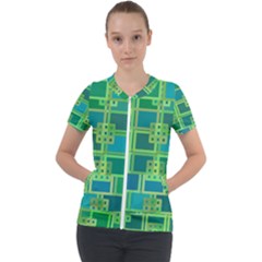 Green Abstract Geometric Short Sleeve Zip Up Jacket by Ket1n9