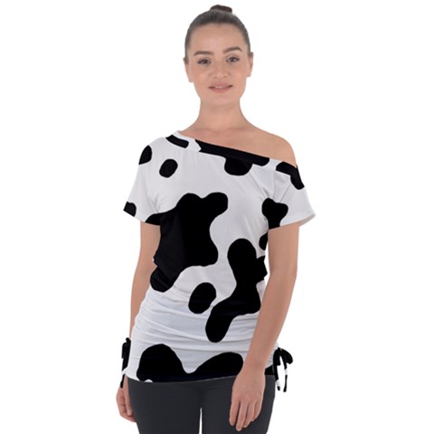 Cow Pattern Off Shoulder Tie-up T-shirt by Ket1n9