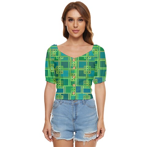 Green Abstract Geometric Button Up Blouse by Ket1n9