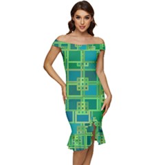 Green Abstract Geometric Off Shoulder Ruffle Split Hem Bodycon Dress by Ket1n9