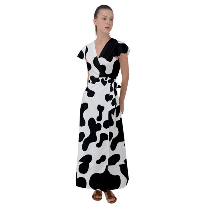 Cow Pattern Flutter Sleeve Maxi Dress