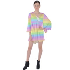 Cute Pastel Rainbow Stripes V-neck Flare Sleeve Mini Dress by Ket1n9