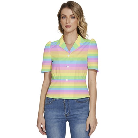 Cute Pastel Rainbow Stripes Puffed Short Sleeve Button Up Jacket by Ket1n9